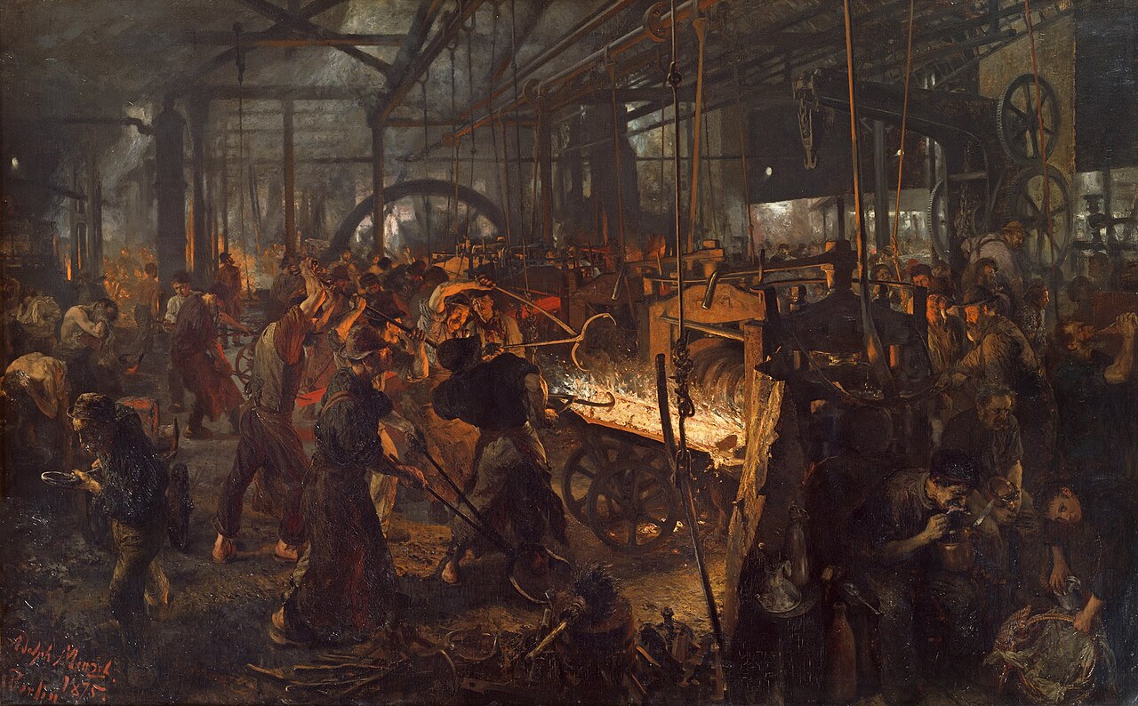 Workers operating an iron rolling mill in Adolph von Menzel's painting