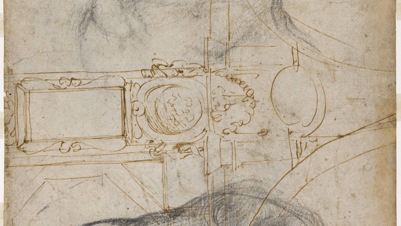 Detail of Michelangelo's drawing for the Sistine Chapel ceiling, with architectural panels sketched in brown ink