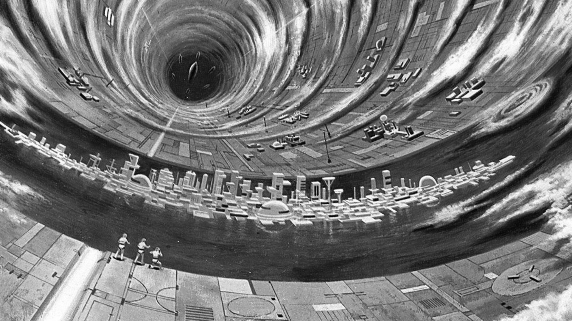 Black-and-white illustration of Rama's cylindrical interior, with three explorers overlooking a sea and a city curving around the habitat