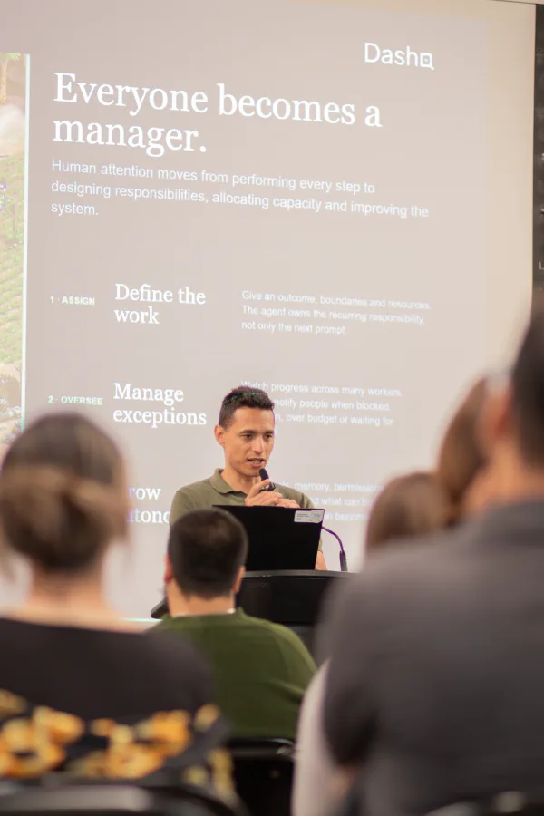 I present how human work changes in an agentic organization